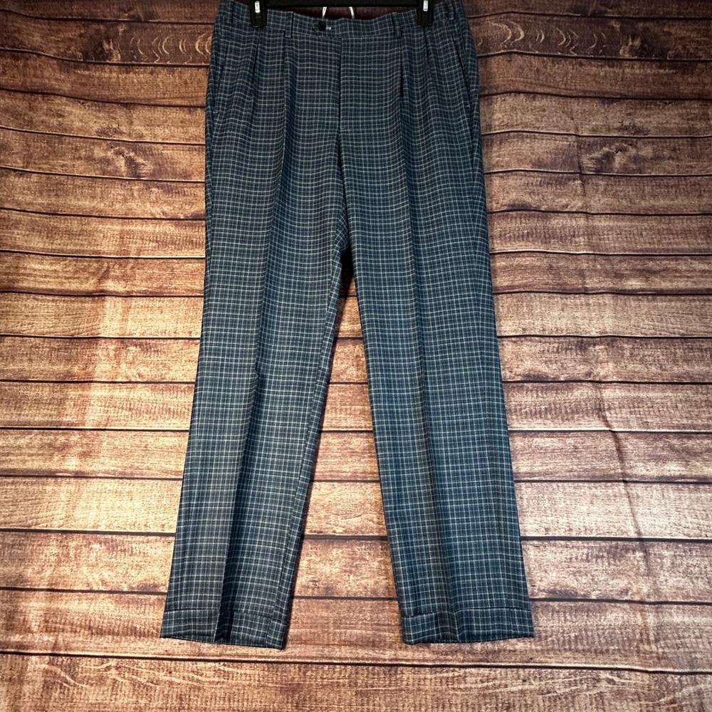 J. Hilburn Reda 1865 Blue Grid Check Pleated Cuffed Wool Dress Pants Mens 38x31